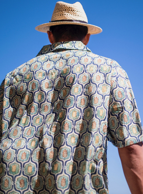 出差夏威夷基里姆花毯复古古巴领短袖大码印花花衬衫古巴领衬衫夏