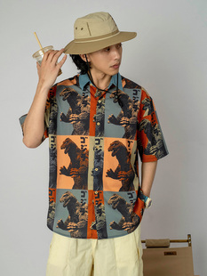 哥斯拉 街头日系衬衫 复古短袖 花衬衫 男夏 衬衫 出差夏威夷23ss原创