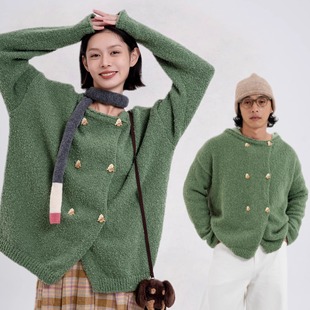 出差夏威夷24aw绿色圣诞重磅毛衣双排口复古圣诞节毛衣可爱男女冬