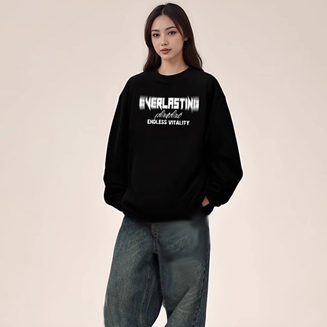 秋冬260g百搭科技感字母印花长袖T恤男潮牌宽松女基础薄款打底衫