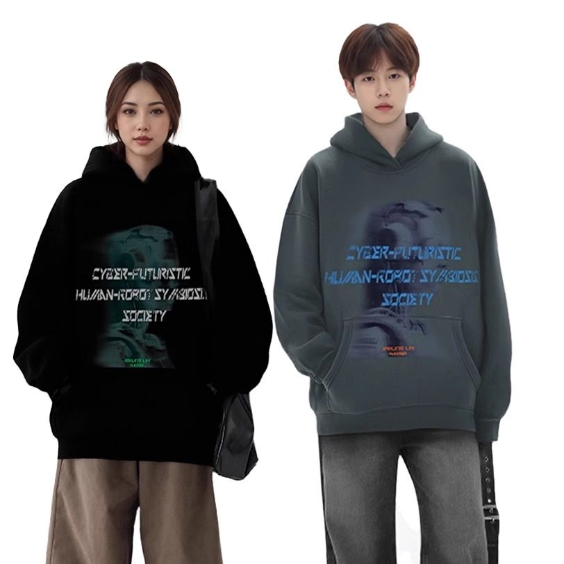 秋冬抓绒加绒连帽卫衣赛博朋克卫衣潮牌百搭宽松帽衫男女装大码
