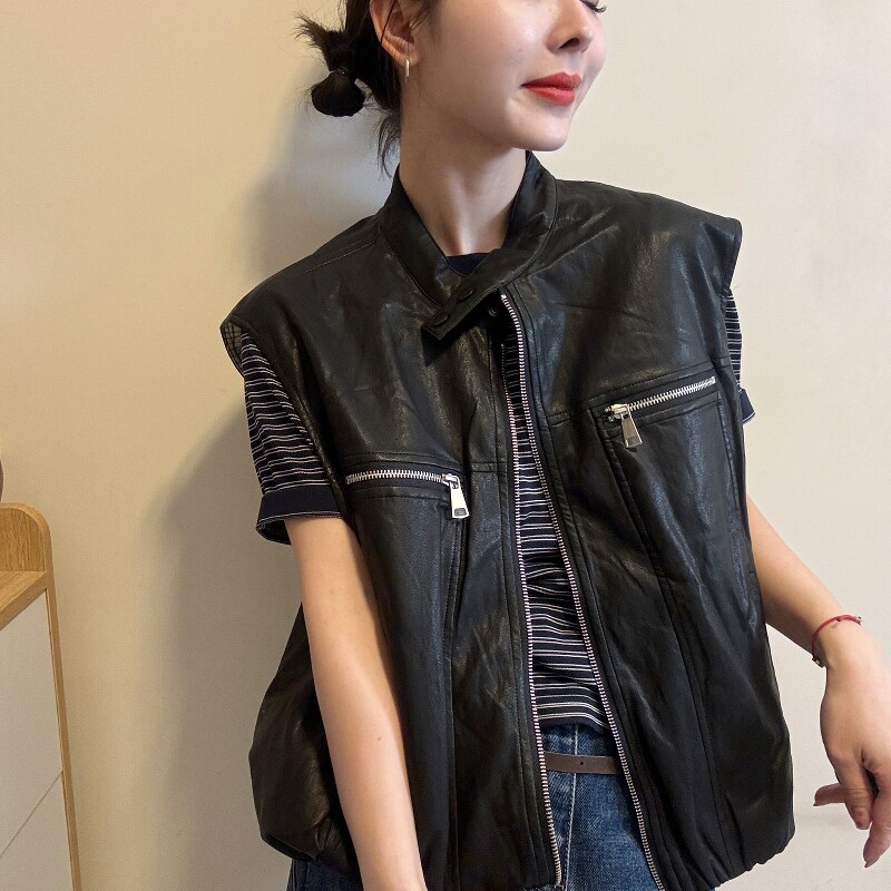 欧洲站2026春季新款欧货时尚百搭立领无袖拉链PU皮宽松马甲外套女