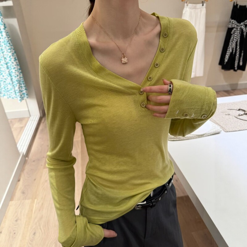 欧洲站2026夏季新款欧货时尚纯色V领袖口纽扣修身显瘦百搭长袖T恤