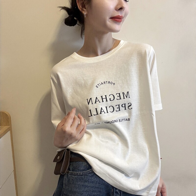 欧洲站2026春季新款欧货时尚简约字母印花正肩显瘦百搭短袖T恤女