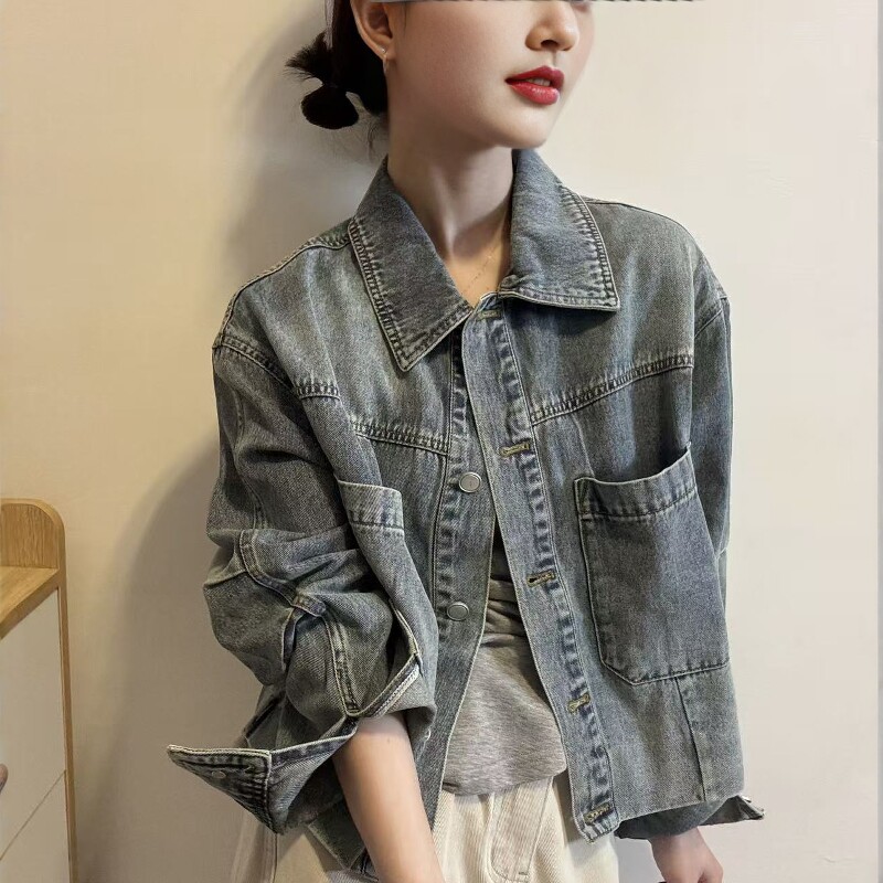 欧洲站2026春季新款欧货时尚水洗做旧宽松休闲双口袋牛仔短外套潮