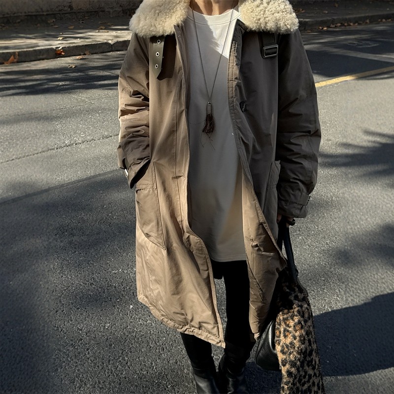 欧洲站2025冬季欧货羊羔毛领阔版内白鸭绒羽绒派克服过膝长款外套