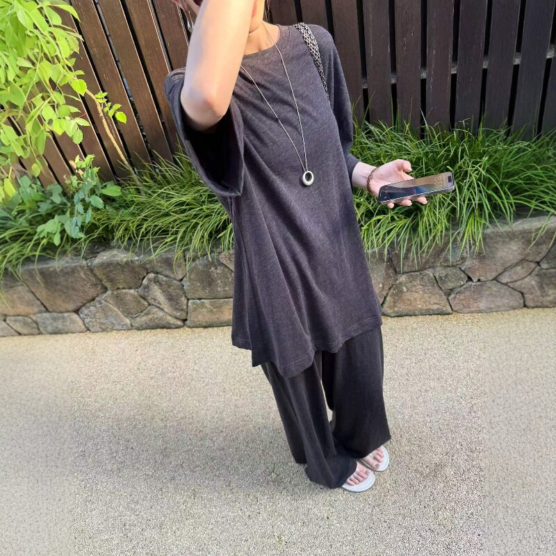 欧洲站2026夏季新款欧货慵懒风简约中袖T恤+阔腿裤两件套休闲套装