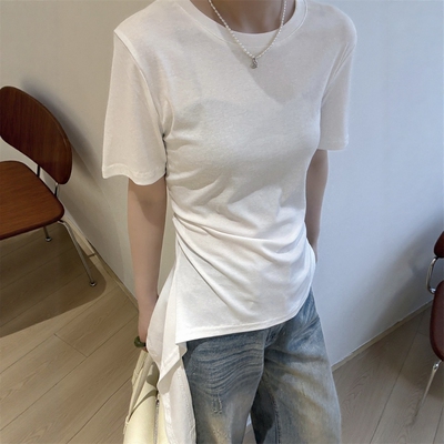 欧洲站2026夏季新款欧货设计感收腰侧飘带百搭显瘦洋气短袖T恤女