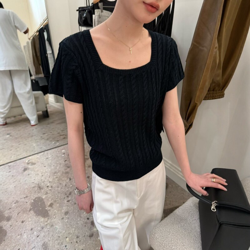 欧洲站2026早春新款欧货方领麻花纹休闲百搭羊毛短袖针织衫上衣女