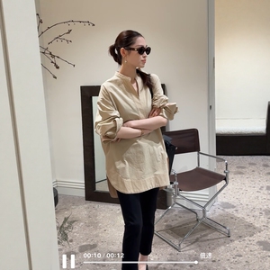 欧洲站2026春季新欧货极简风半开领宽松休闲遮臀长袖衬衫百搭上衣