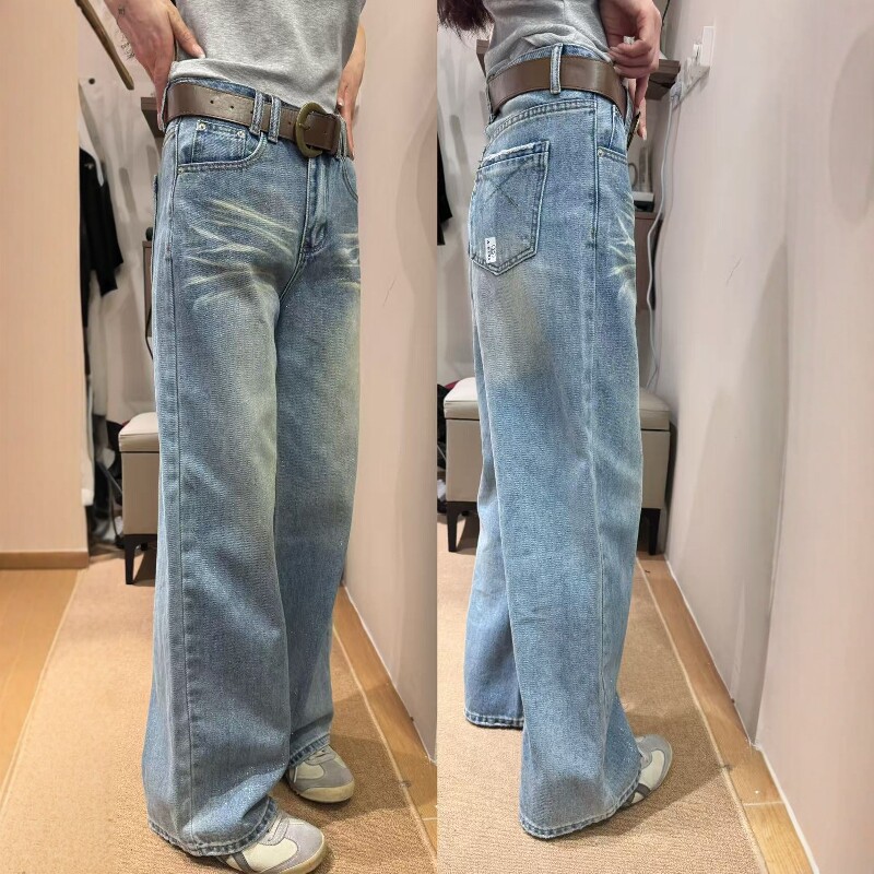 欧洲站2026早春新款欧货简约百搭猫须纹浅蓝色牛仔阔腿裤长裤女潮