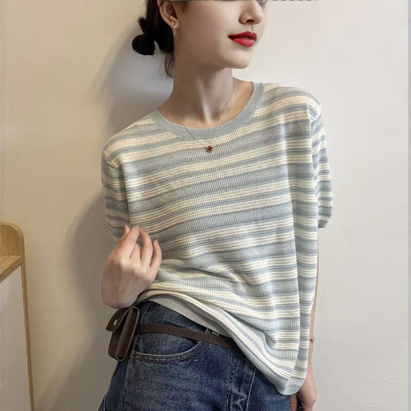 欧洲站2026春季新款欧货时尚条纹撞色休闲短袖羊毛针织衫上衣女潮