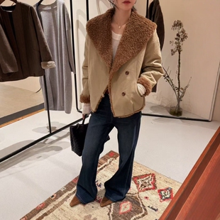 欧洲站2025秋冬新款 欧货大翻领颗粒绒内里羊羔毛加厚派克服短外套