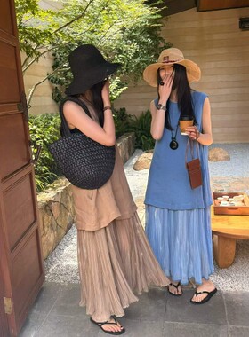 欧洲站2026夏季新款欧货度假风拼接裙摆假两件棉麻背心连衣裙长裙