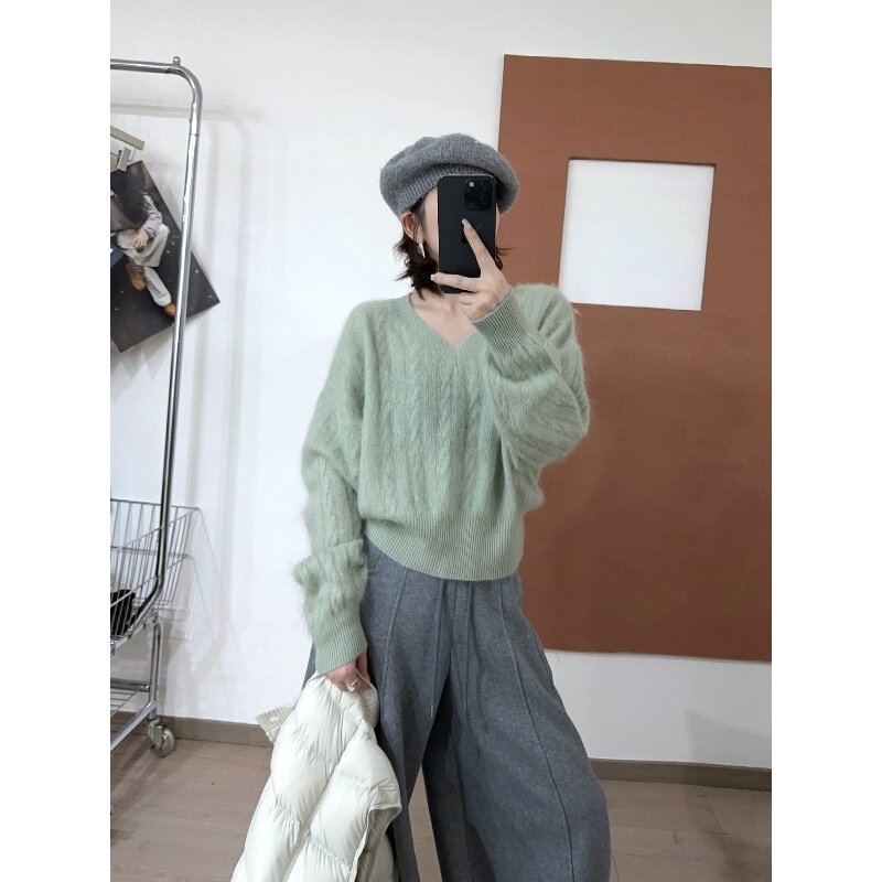 欧洲站2026新款欧货小清新韩版V领麻花纹宽松羊绒短款毛衣针织衫