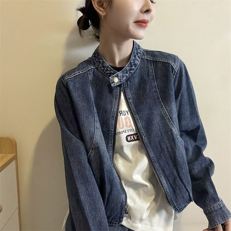 欧洲站2026早春新款欧货立领一粒扣宽松百搭拉链休闲牛仔外套潮女