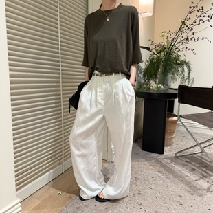 长裤 欧货简约纯色高腰休闲显瘦百搭麻料阔腿裤 新款 欧洲站2026春季