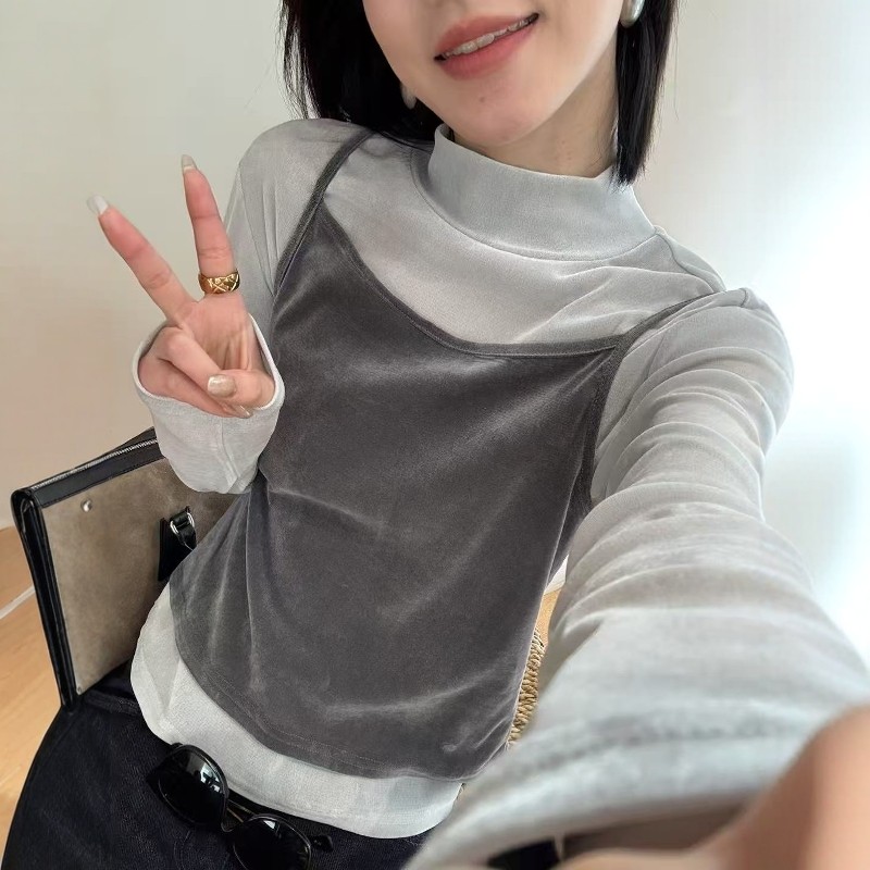 欧洲站2025冬欧货无袖吊带背心+半高领长袖T恤两件套金丝绒打底衫