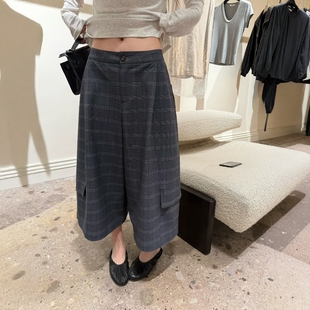 欧洲站2026春季新款欧货时尚宽松高腰显瘦格子裤休闲阔腿八分裤女