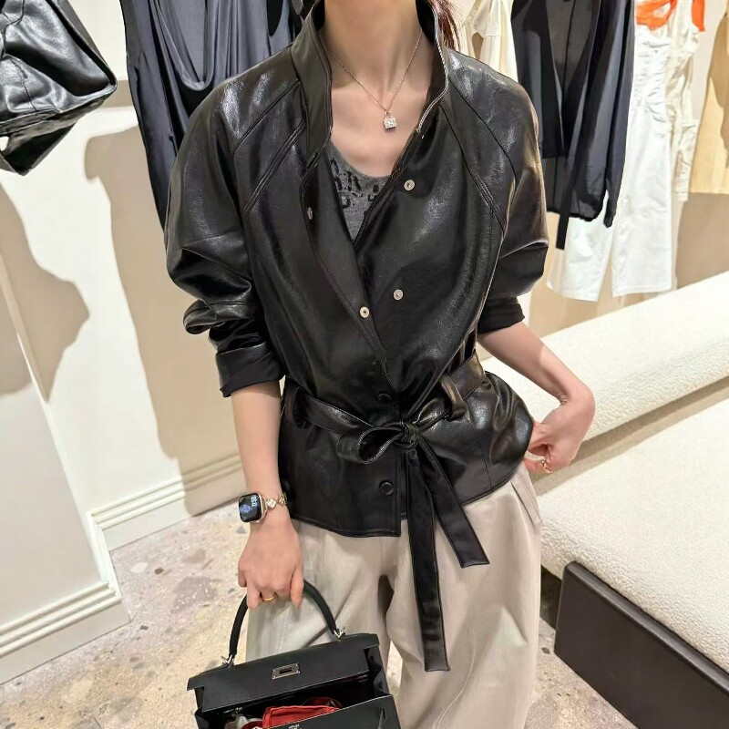欧洲站2026春季新款欧货大牌气质款收腰绑带显瘦进口pu皮衣外套潮