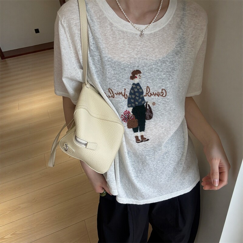 欧洲站2026夏季新款欧货时尚刺绣美女字母微透冰丝针织短袖T恤薄