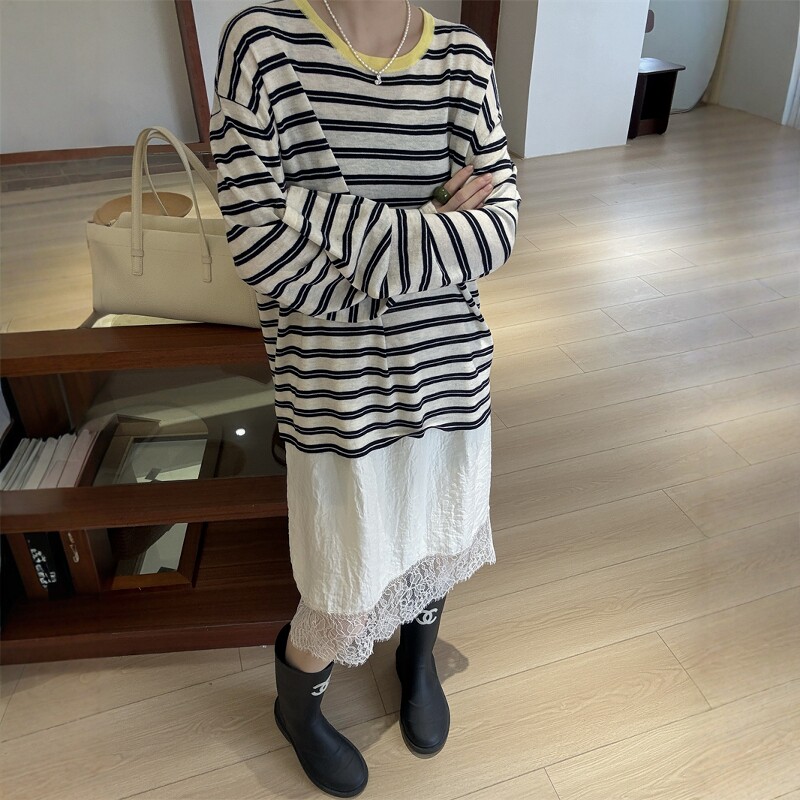 欧洲站2026春季新款欧货时尚撞色圆领宽松大板条纹羊毛针织衫女