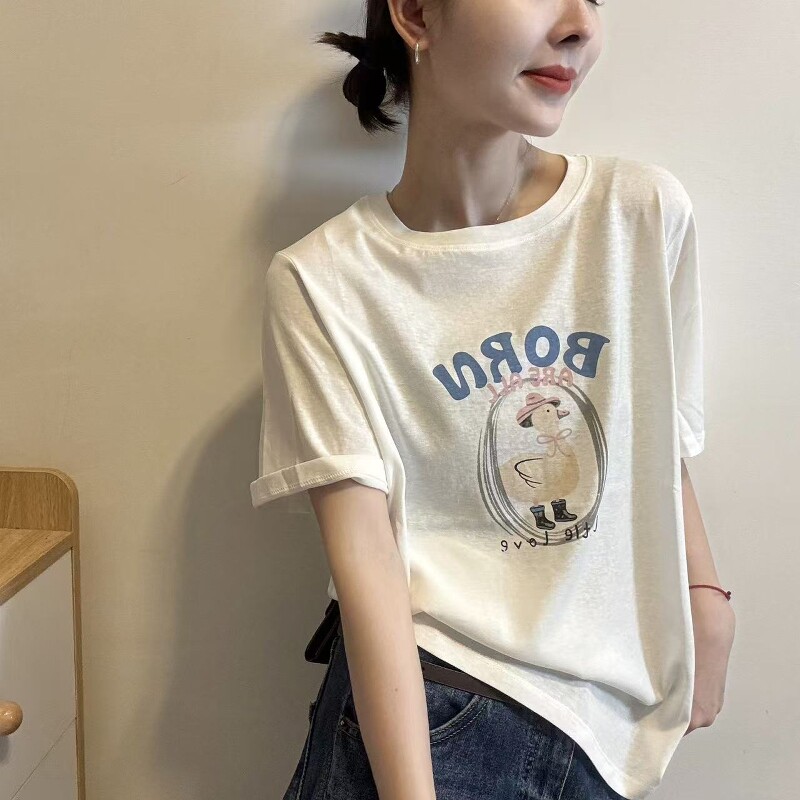 欧洲站2026夏季新款欧货时尚字母卡通鸭子图案宽松薄款短袖T恤女