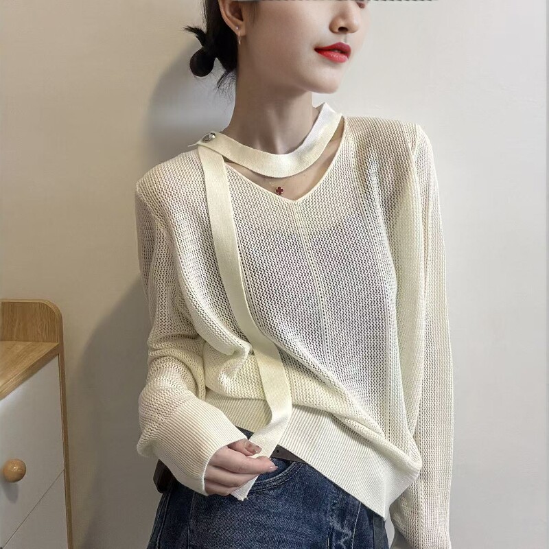 欧洲站2026春季新款欧货高级感挂脖飘带V领镂空细羊毛针织上衣