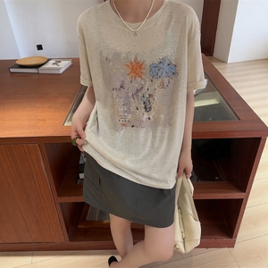 欧洲站2026夏季新欧货慵懒风太阳风景印花宽松大板短袖防晒T恤女