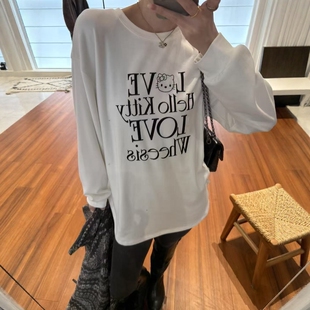 欧洲站2025欧货字母卡通猫咪图案宽松百搭磨毛大版 T恤叠穿打底衫