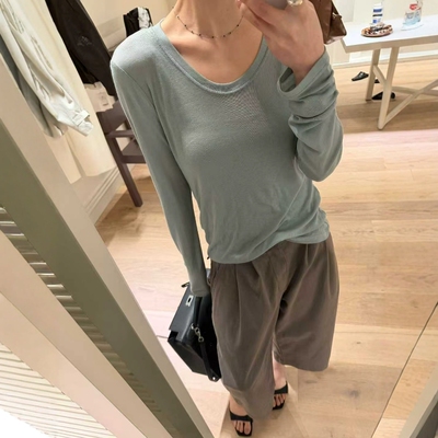 欧洲站2026春季新款欧货U领天丝羊毛修身显瘦T恤软糯面膜衣打底衫