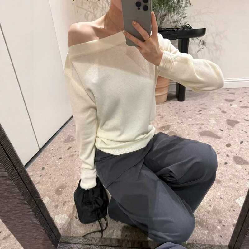 欧洲站2026春季新款欧货设计感露肩小性感显瘦细羊毛针织衫上衣女