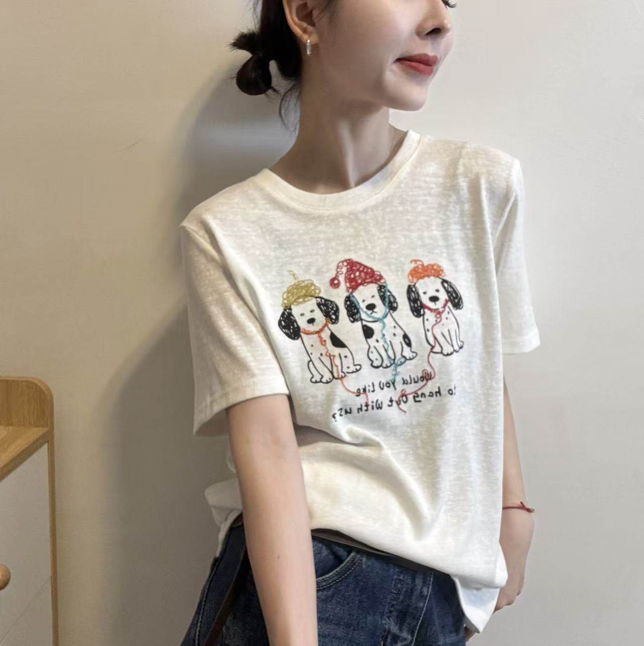 欧洲站2026夏季新款欧货时尚卡通小狗图案圆领宽松百搭短袖T恤女