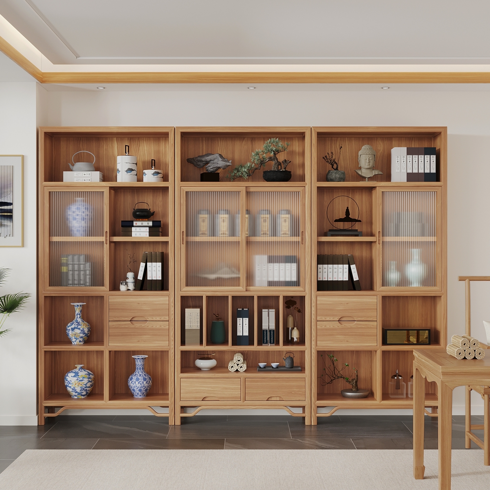 原木风实木书柜推拉门书架