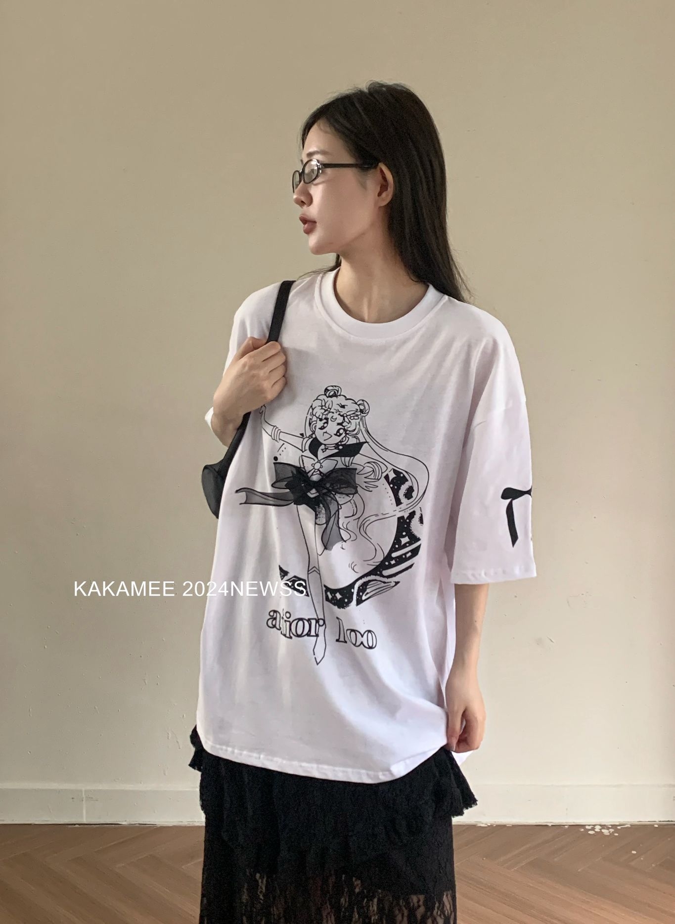 【KAKAMEE】纯棉少女可爱美式重工美少女喷画立体蝴蝶短袖T恤上衣图片