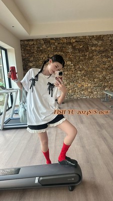 FISH YU 爆款千禧辣妹蝴蝶结前后印花拼接蕾丝短袖T恤女上衣潮牌