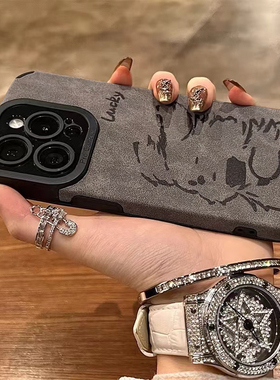 灰色皮质狗狗适用K70至尊版小米14/15手机壳13镜头红米K60全包K50防摔NOTE14简约11/10s小众12卡通K40PRO男女