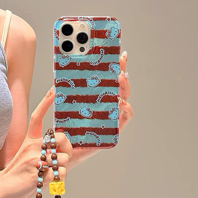 韩风小众蓝棕条纹KT猫手机壳