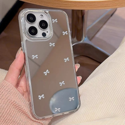 ins风简约镜面蝴蝶结适用苹果15ProMax手机壳iPhone16新款13女款12创意补妆镜子14Pro小众x/xr全包78plus防摔