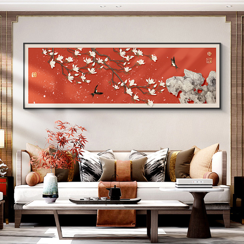 新中式客厅装饰画高级感横版大幅壁画花开富贵沙发背景墙挂画飞鸟