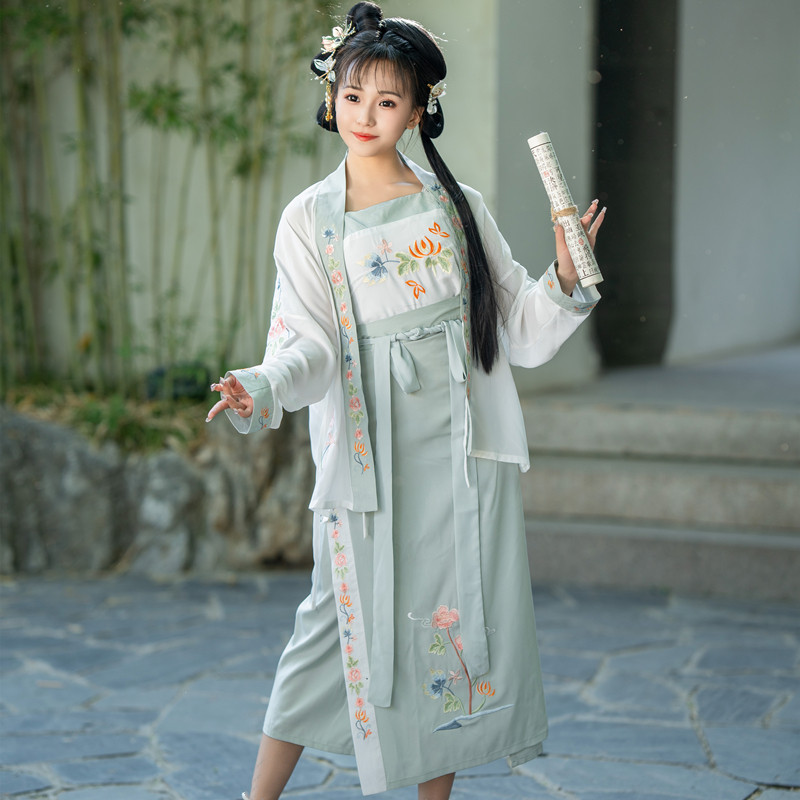 原创夏花汉服女宋制旋裙飞机袖短衫三件套防晒开衫吊带抹春夏大码