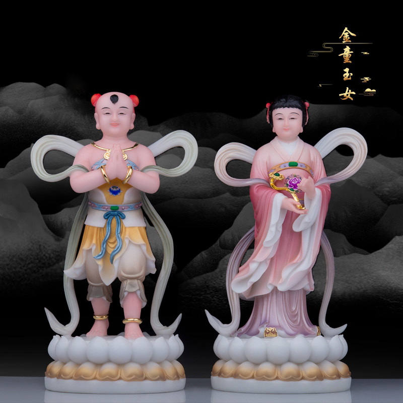 汉白玉金童玉女神像善财童子龙女观音菩萨左右护法居家工艺品摆件