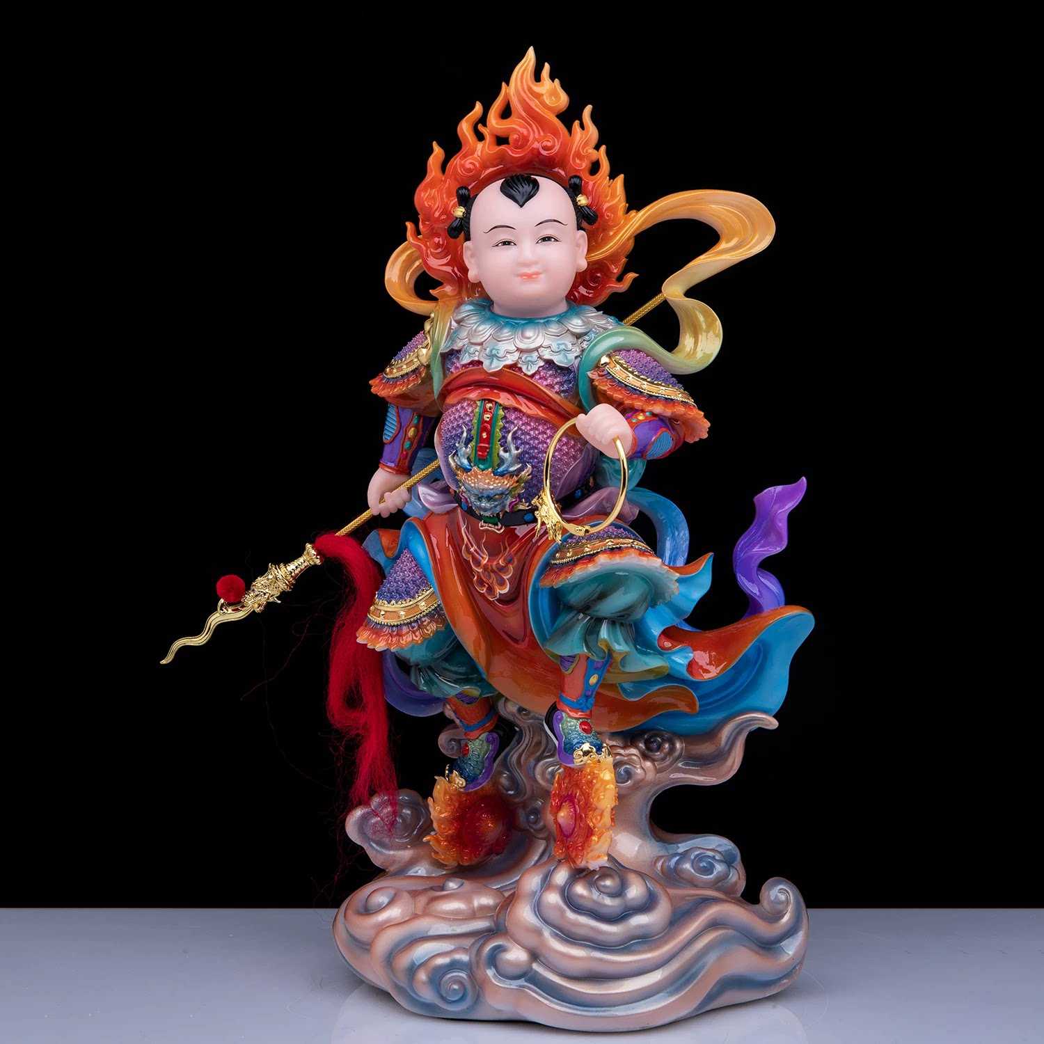 汉白玉哪吒三太子神像彩绘踏风火轮火尖枪中坛元帅将军祝福摆件
