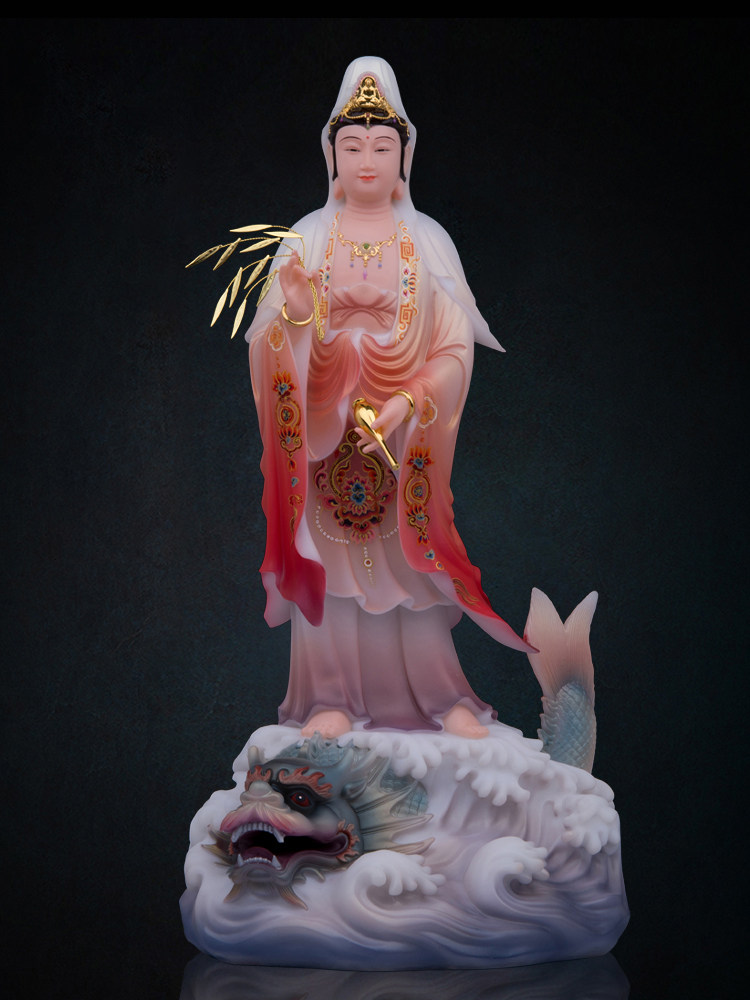 汉白玉观音站像鳌鱼观音佛像观世音娘娘家用供奉神像桌面摆件彩绘