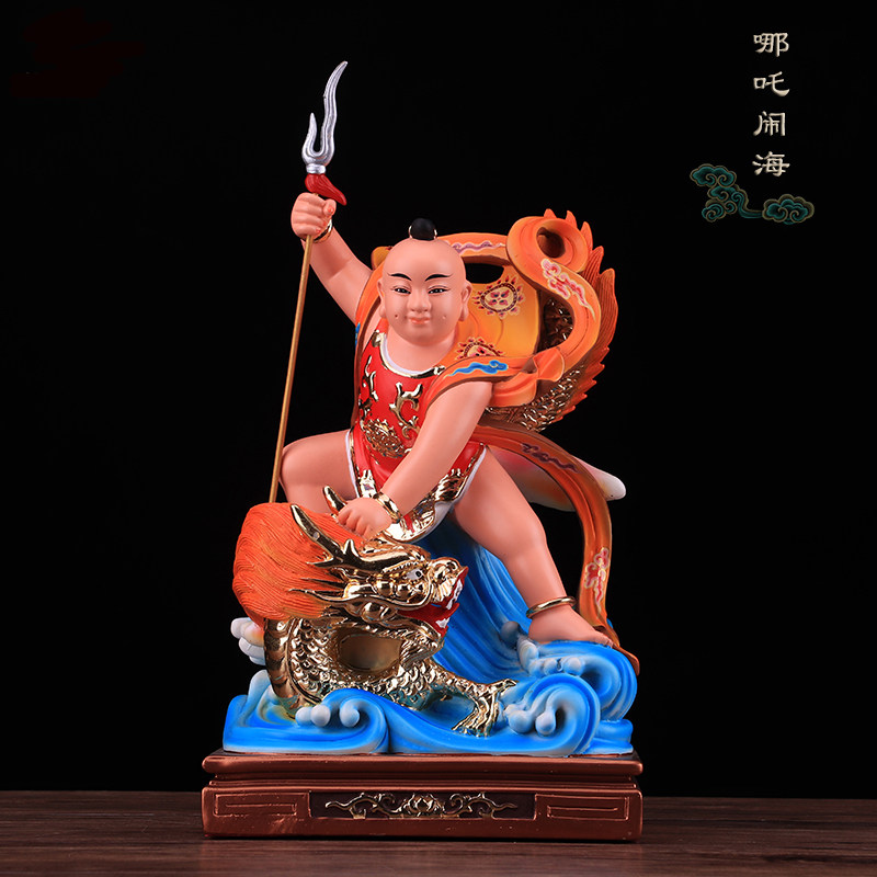 哪吒三太子神像抓龙角太子中坛元帅树脂彩绘哪吒闹海居家供奉摆件