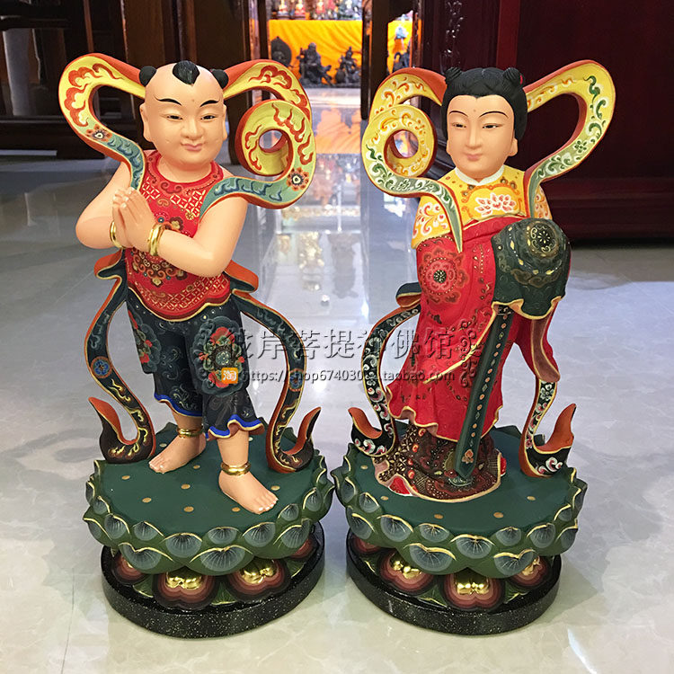 善财童子金童玉女 龙女 香樟木雕佛像真金彩绘观音菩萨两侍童摆件