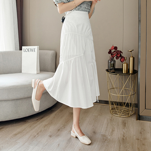 KM21149#韩版小个子高腰半身裙纯色不规则抽绳装饰中长款