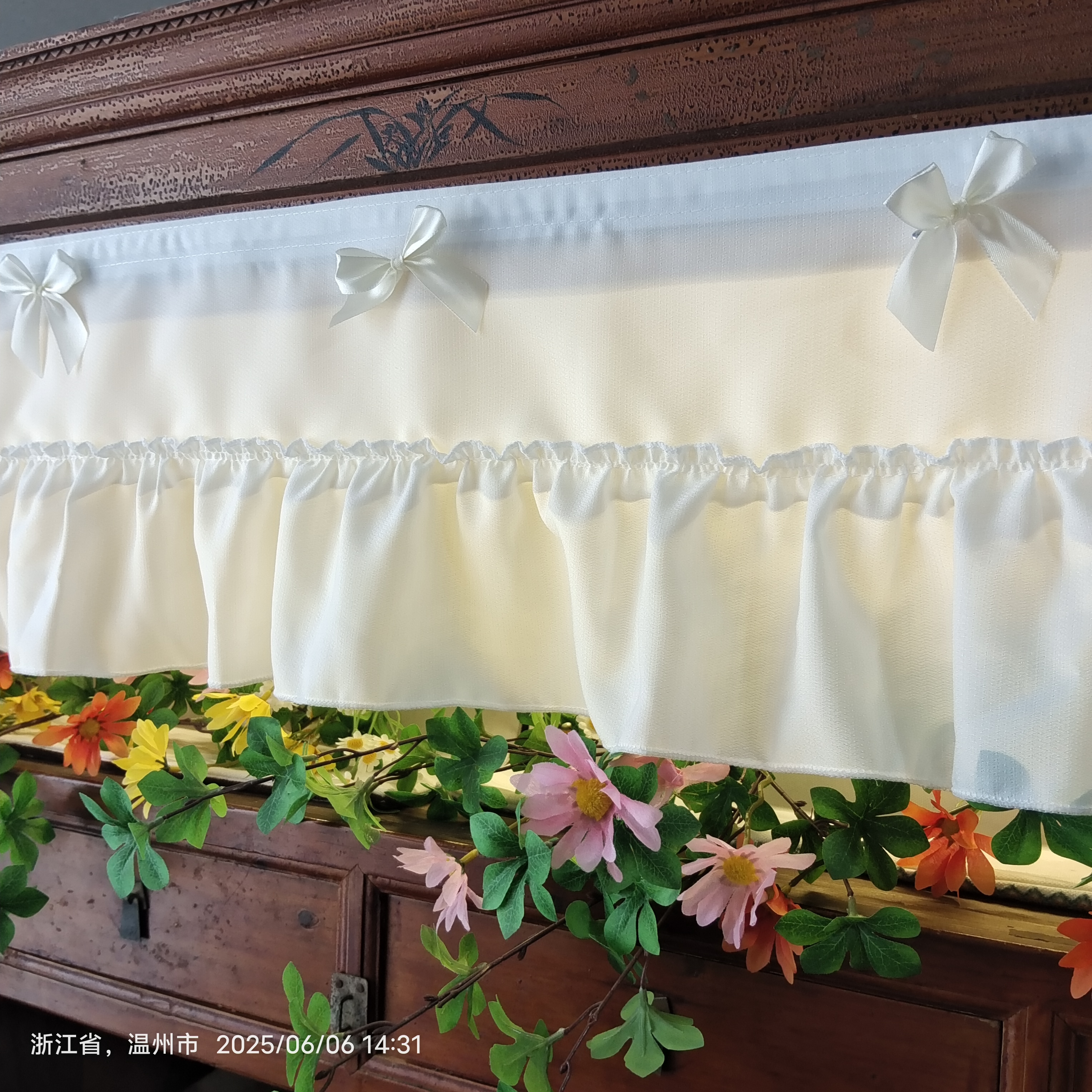 法式荷叶边咖啡帘门帘短帘纱帘半帘蝴蝶结小飘窗帘厨房免打孔粘贴