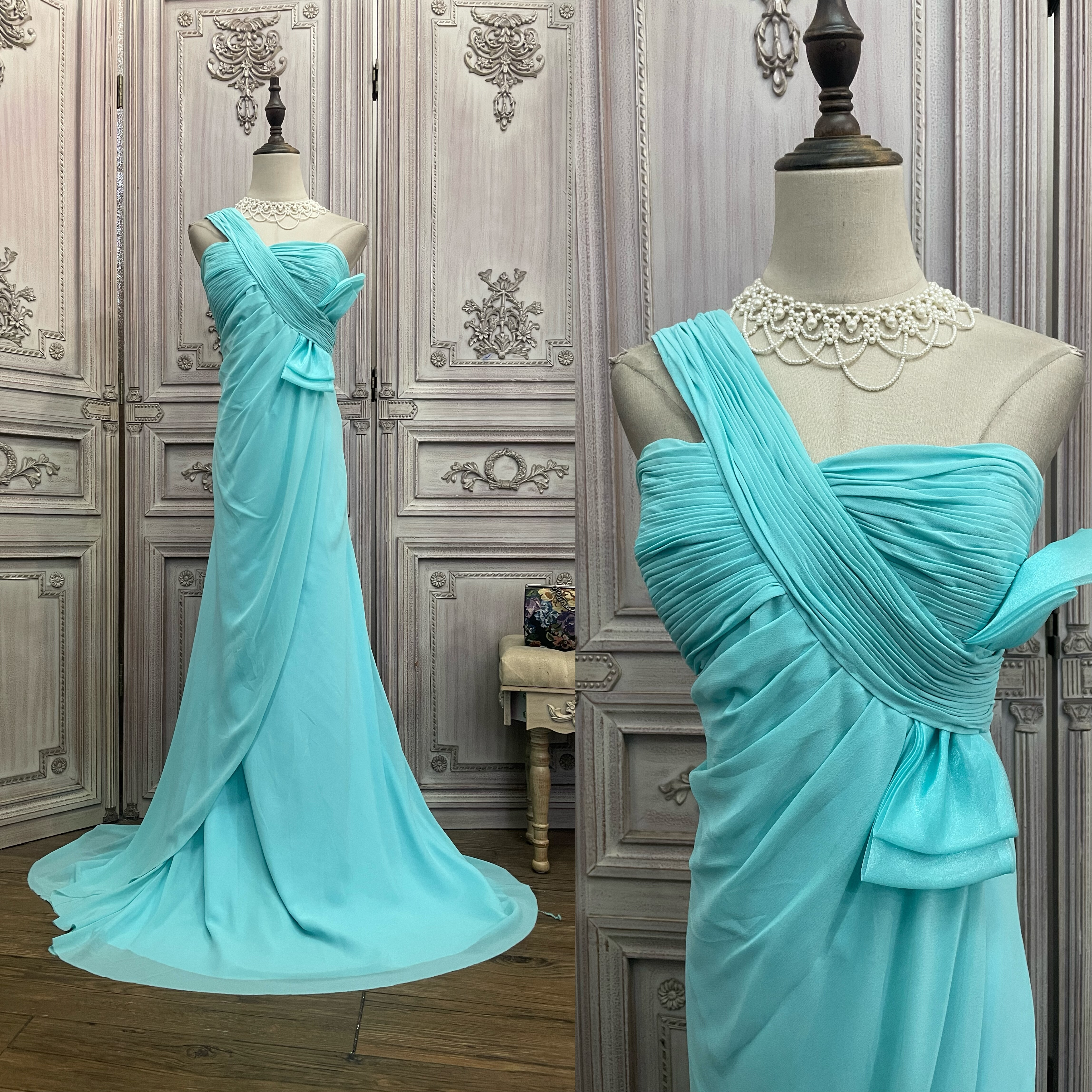 特大码绿色雪纺单肩斜挎长款晚礼服1209c