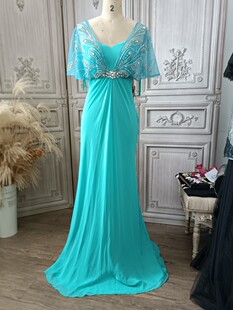 0513b XS码湖绿修身蝴蝶袖拖地晚礼服表演服